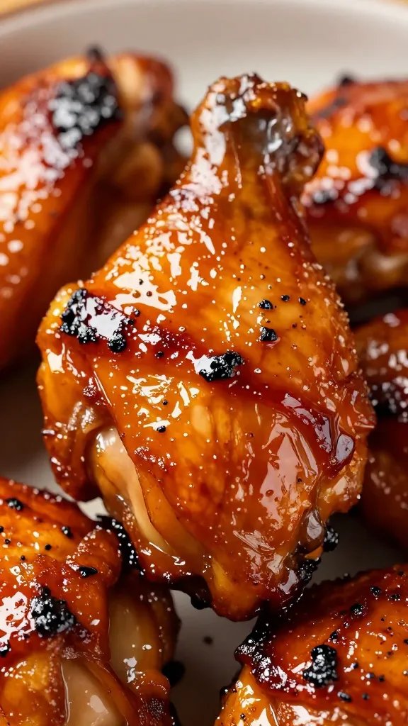 glossy smoked chicken thigh with set barbecue glaze, closeup