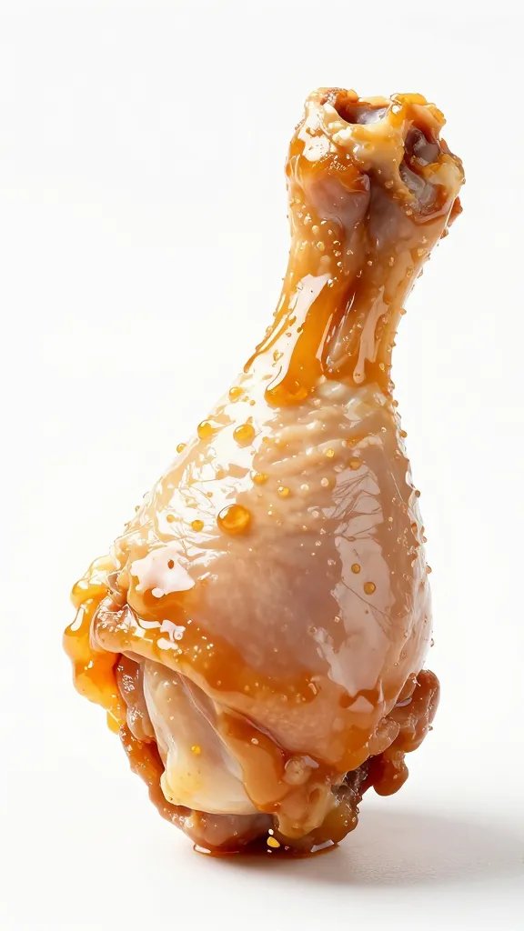 single chicken drumstick brushed with thin sauce layer, macro