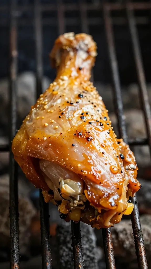 sauced chicken leg quarter on grates, shallow depth, closeup