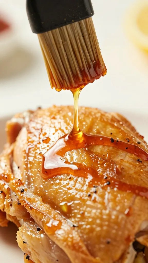 barbecue brush dripping thin sauce over chicken skin, macro
