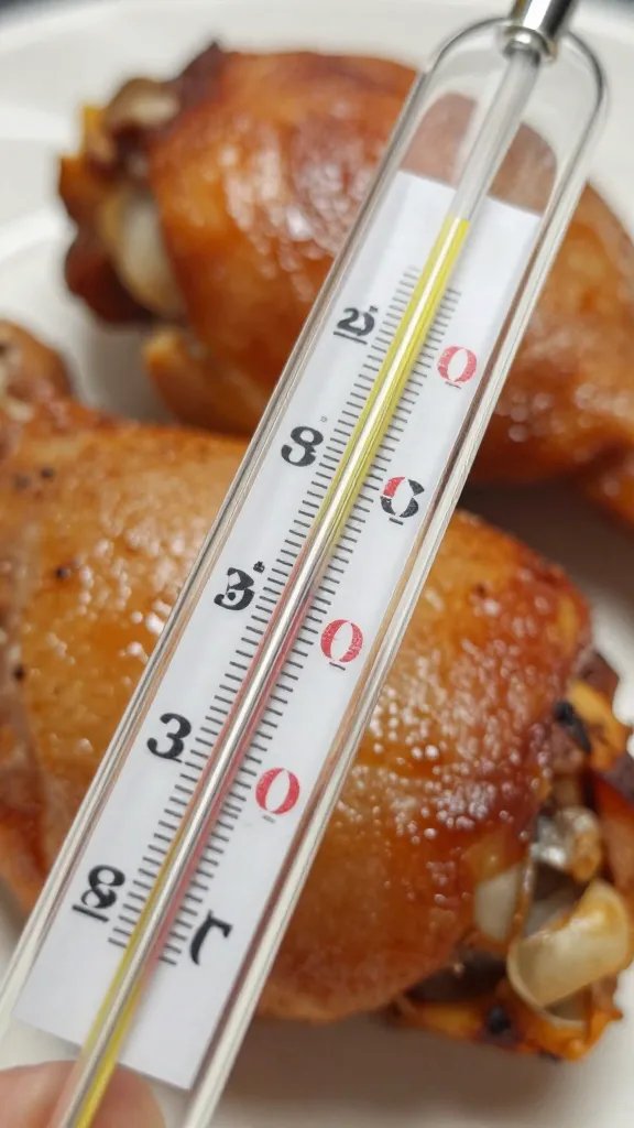 thermometer probe in smoked chicken thigh at 165°F, closeup