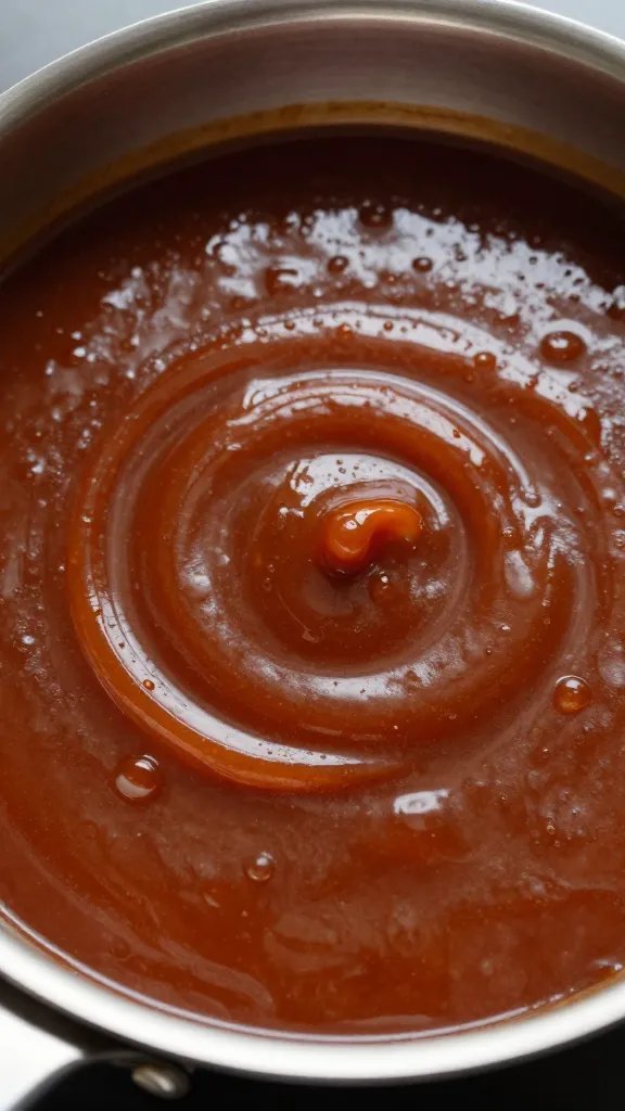 saucepan of tangy barbecue sauce with lacquered sheen, closeup