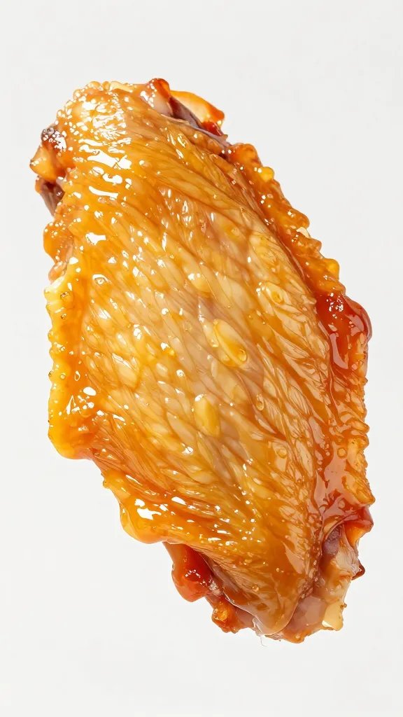 single chicken wing with bite-through glossy skin, macro