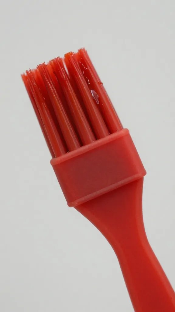 small silicone brush coated in red barbecue glaze, closeup