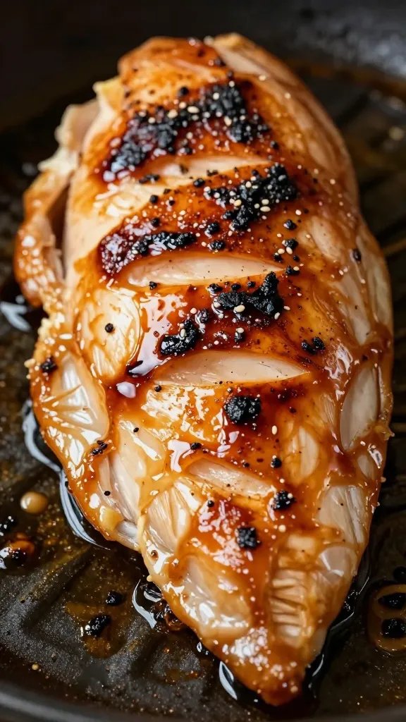 smoke-kissed chicken breast with layered glaze, closeup