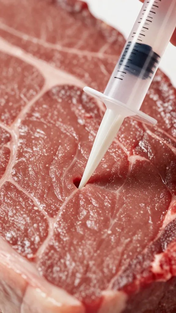 closeup of brisket flat with injection needle entering grain