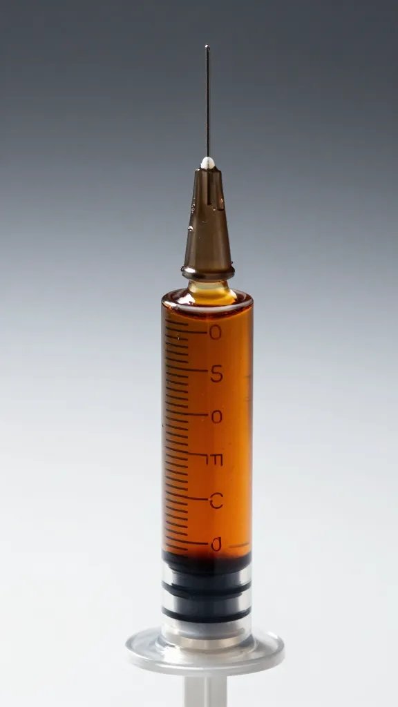 stainless injector syringe filled with amber marinade, macro shot
