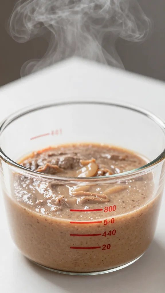 warm beef injection in glass measuring cup, steam visible