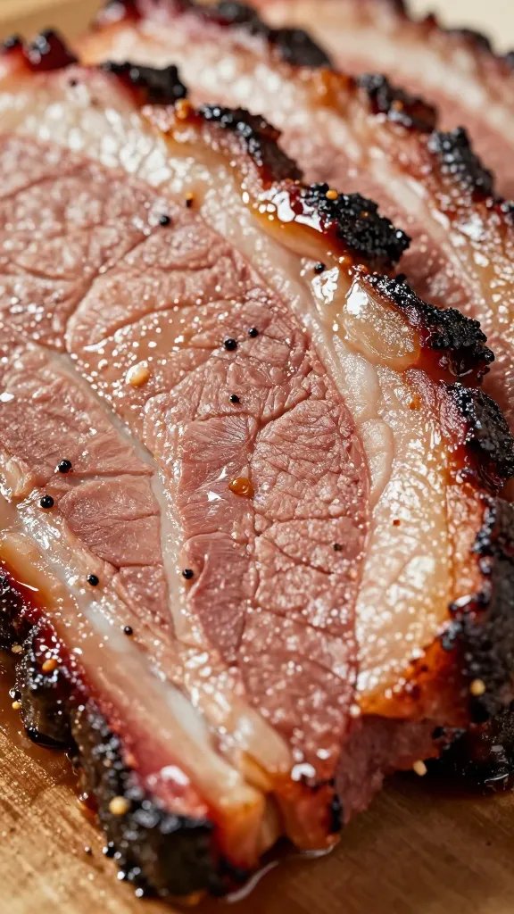 dark barked brisket slice glistening juices, extreme closeup