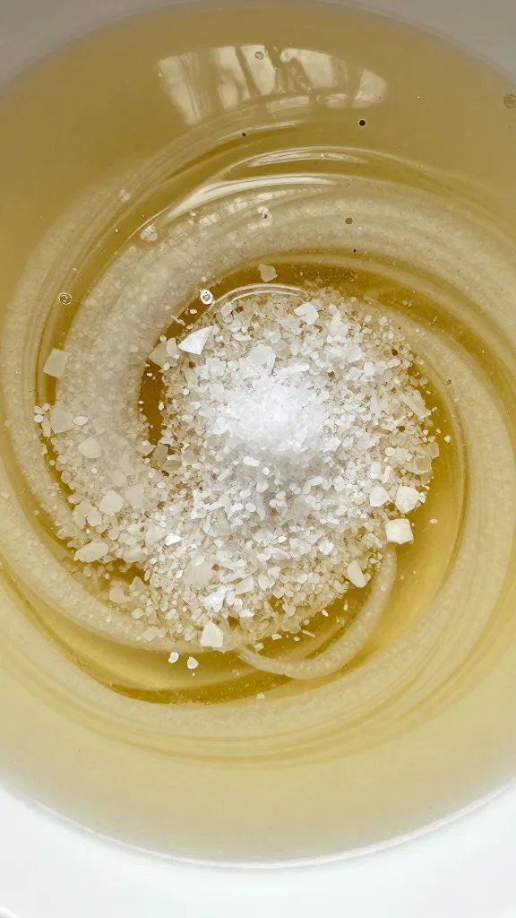 kosher salt and beef broth mixture swirling in bowl, macro