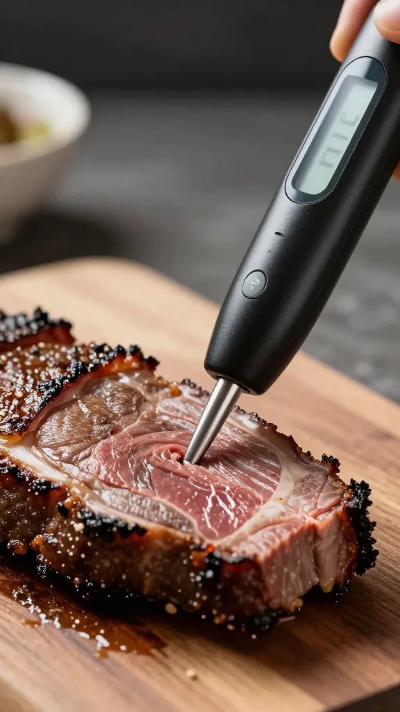 digital meat thermometer probe in brisket point, tight shot