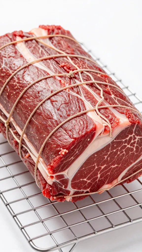 butcher twine-tied brisket resting on wire rack, closeup