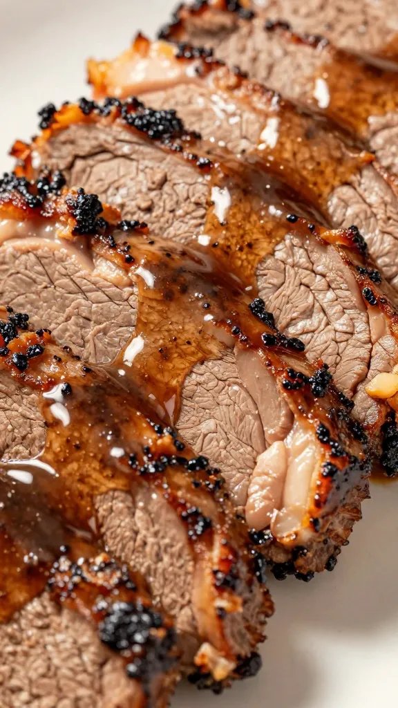 closeup sliced brisket with glossy vinegar sauce glaze