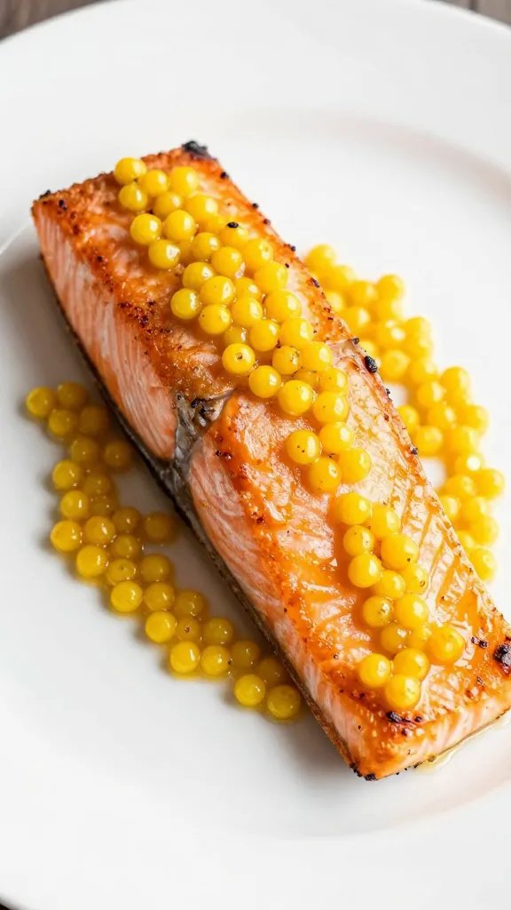 seared salmon fillet with citrus glaze beads