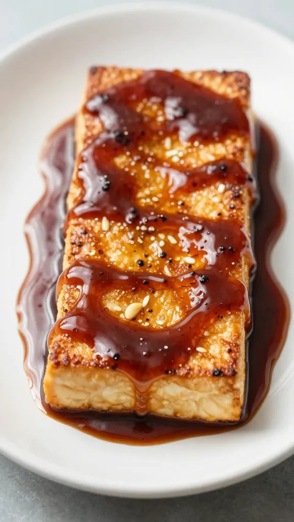 seared tofu slab coated in smoky maple bbq sauce