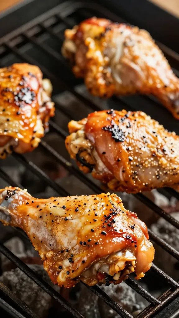 closeup of marinated chicken thigh on grill grates