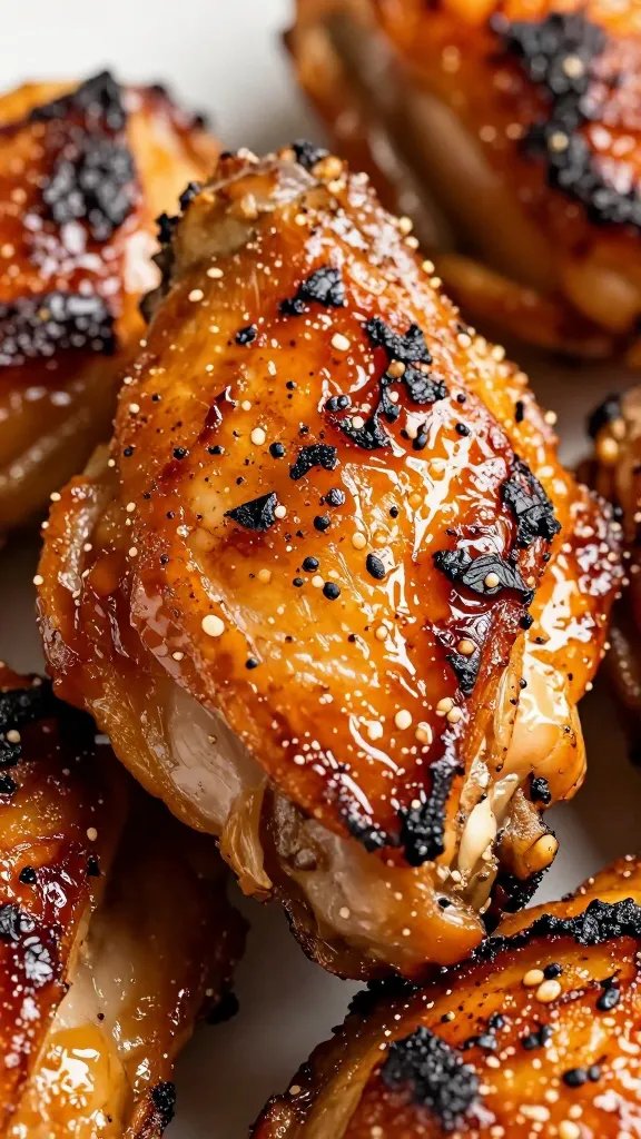 glazed chicken thigh with charred edges, macro shot