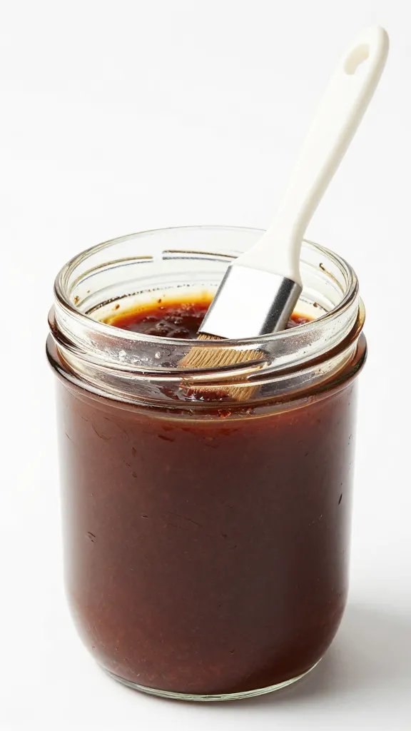 glass jar of bbq marinade with basting brush