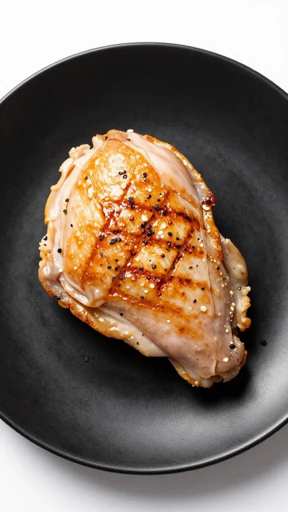 single grilled chicken thigh on matte black plate