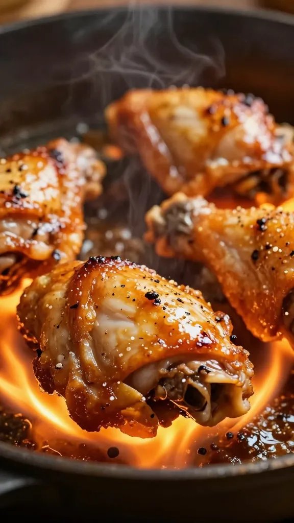 chicken thigh sizzling over medium-high flame, closeup