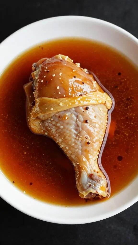 bowl of marinade coating one chicken thigh, overhead
