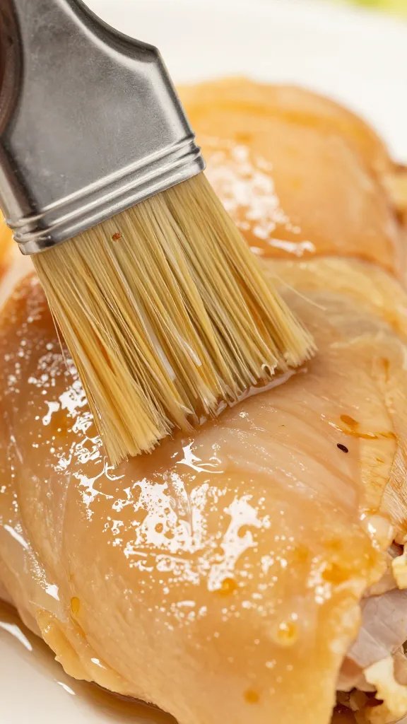 brushed-on marinade sheen on chicken skin, macro