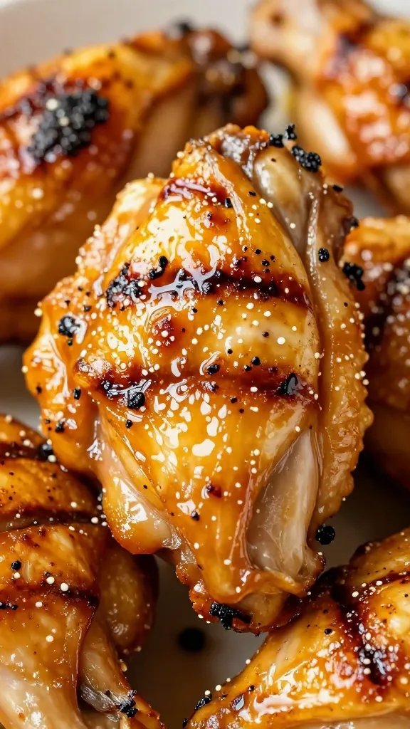 Closeup grilled chicken thigh brushed with aji amarillo glaze