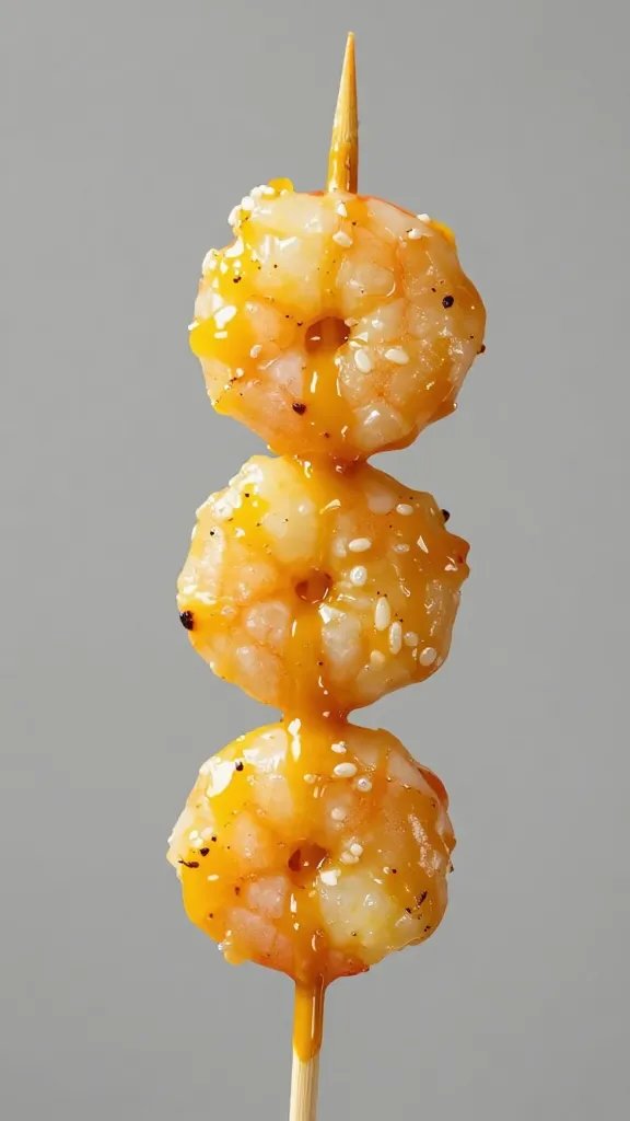 Single shrimp skewer lacquered with aji amarillo marinade