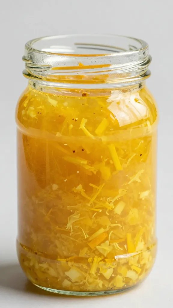 Glass jar of aji amarillo marinade with visible citrus zest
