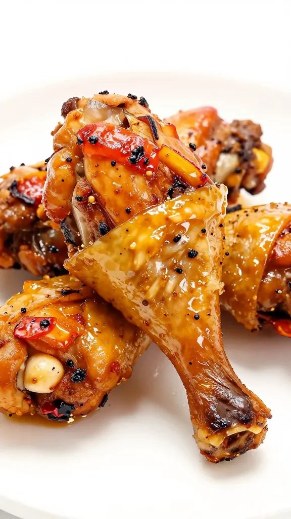 Charred chicken drumstick with glossy yellow chili sheen