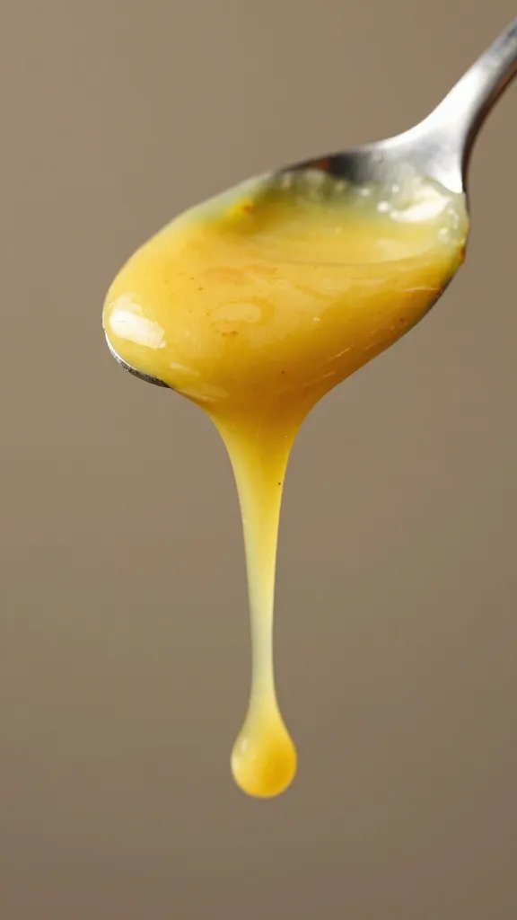 Spoonful of thick aji amarillo sauce dripping mid-air