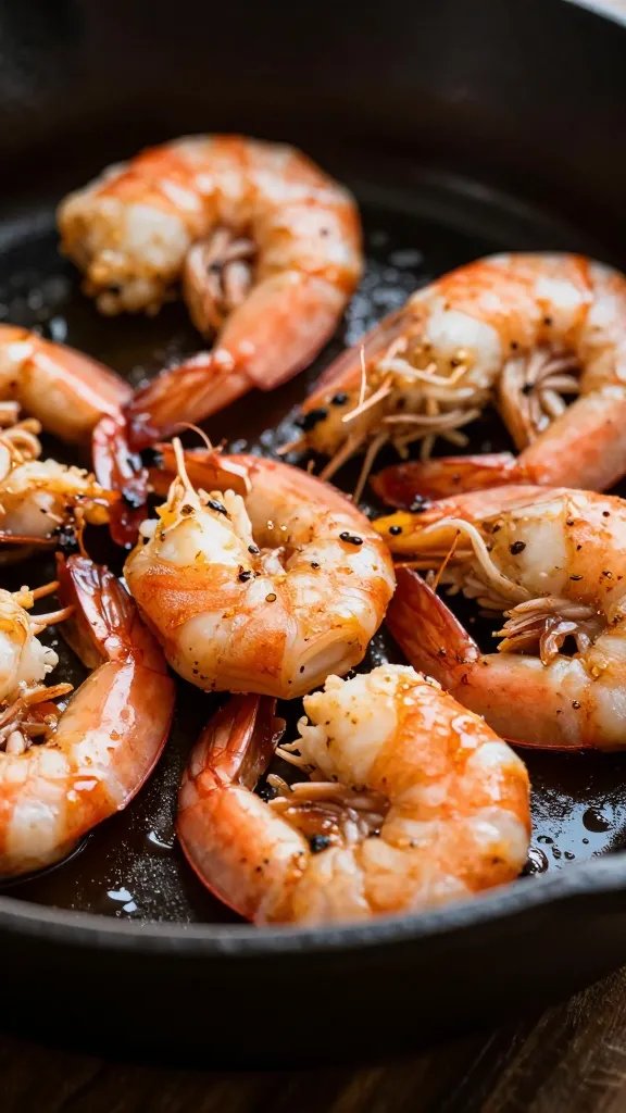 Cast-iron pan with sizzling marinated shrimp, tight macro
