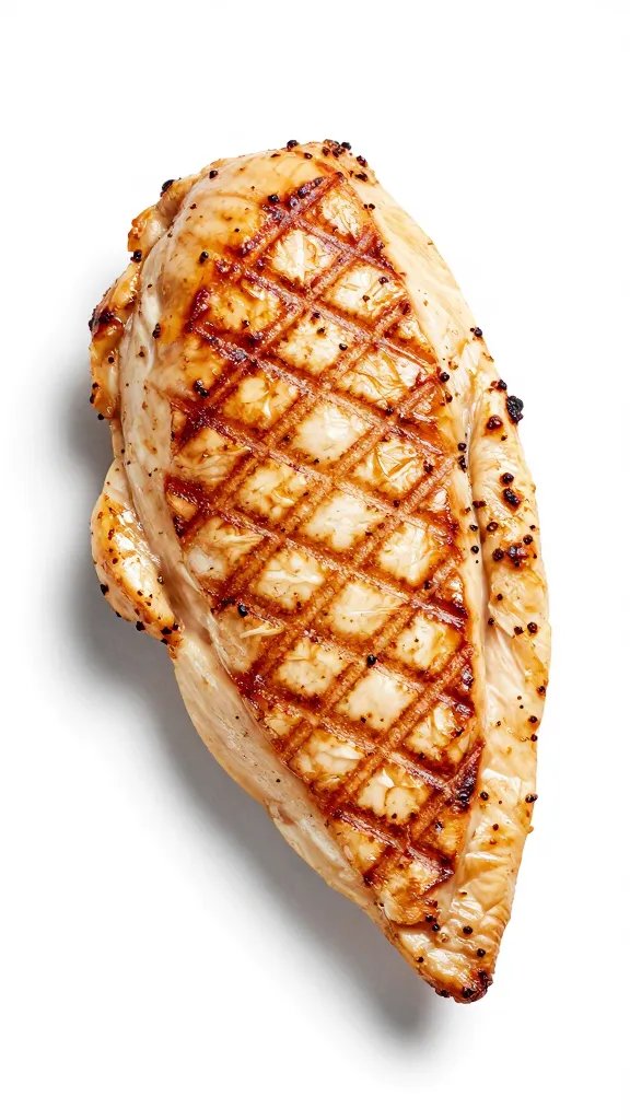 Single grilled chicken breast with pronounced crosshatch char