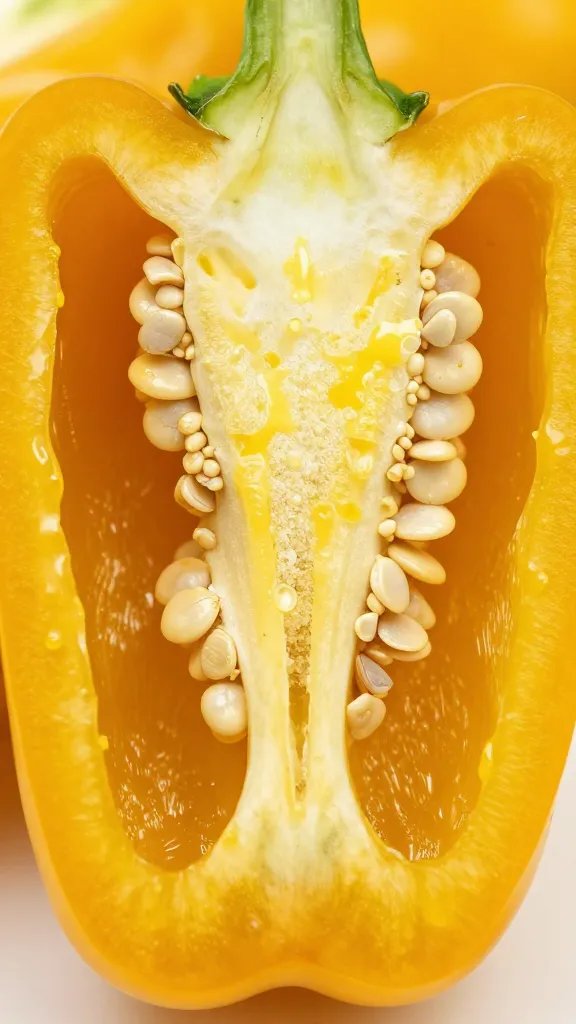 Fresh aji amarillo pepper sliced open, seeds visible, macro