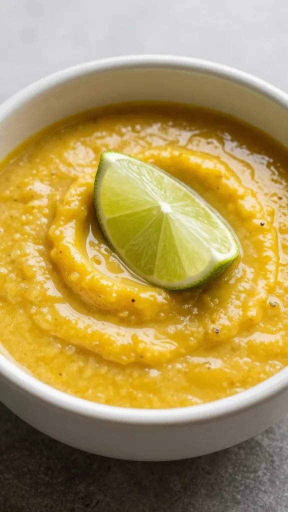 Ceramic bowl of aji amarillo marinade topped with lime wedge