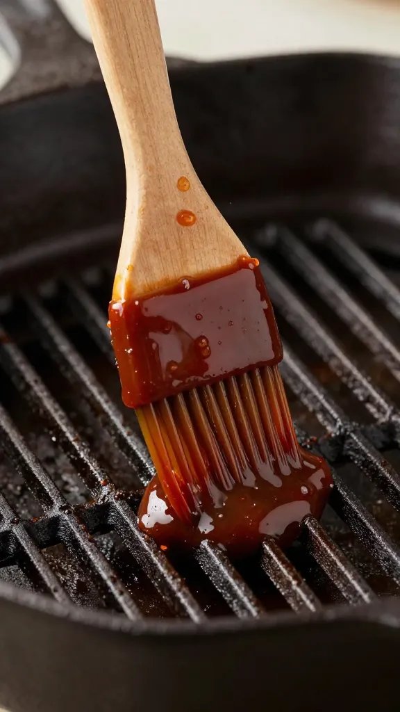 Glossy vegan BBQ sauce brush on cast-iron grates