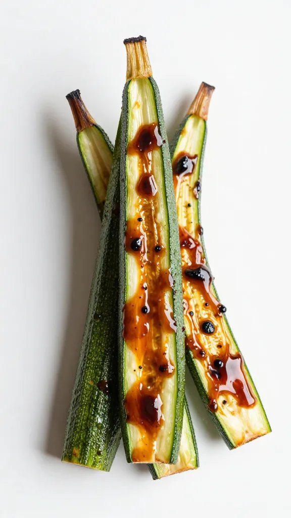 Charred zucchini spear lacquered with smoky BBQ glaze