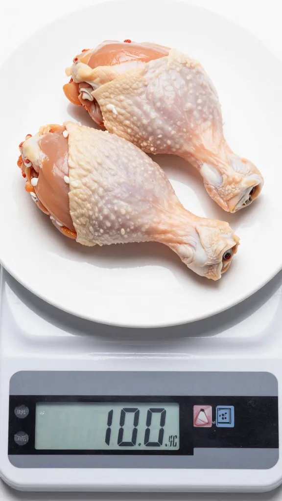 closeup of weighed 6-ounce cooked chicken thigh on scale