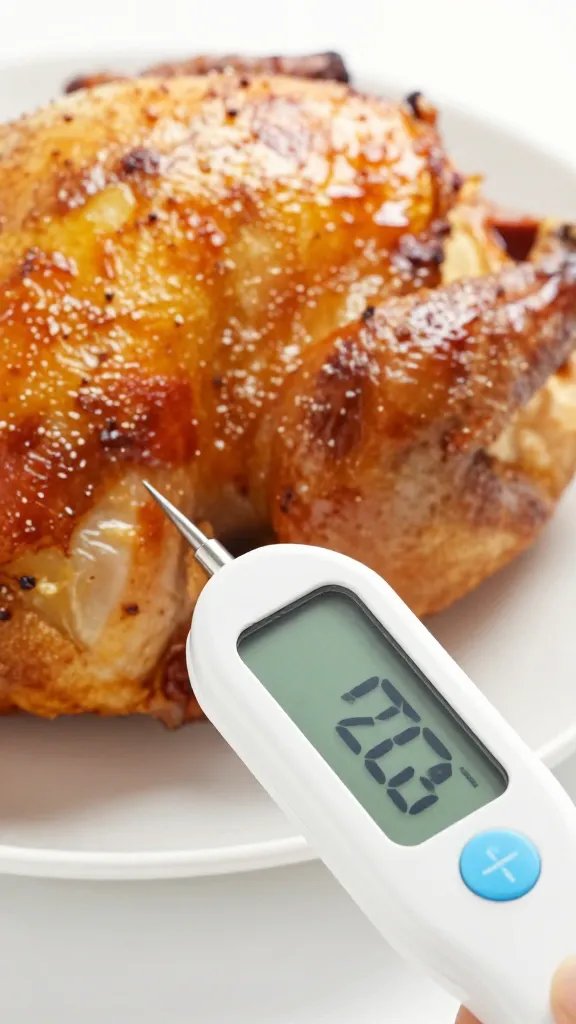 digital meat thermometer inserted into roasted chicken thigh