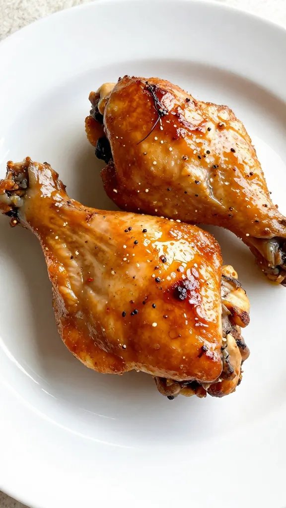 plated chicken thigh with glaze on white dinner plate