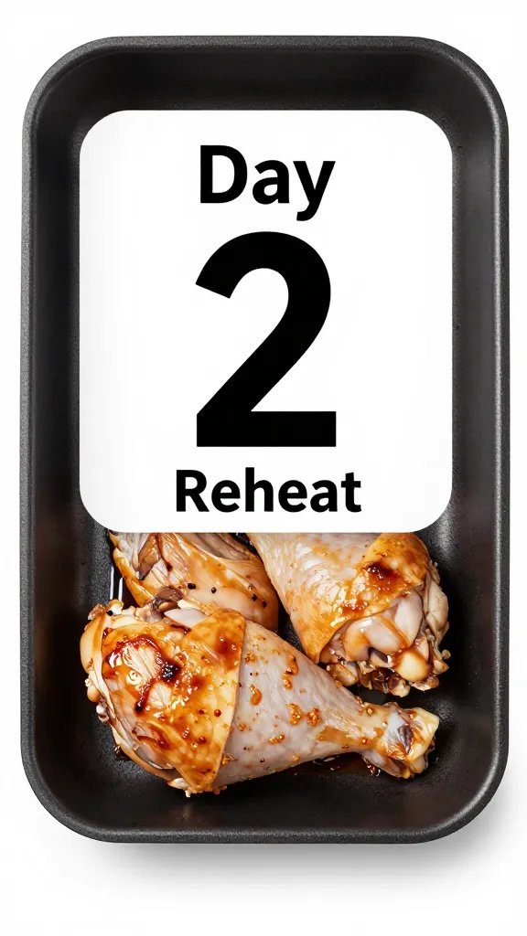 airtight hotel pan labeled “Day 2 Reheat” with chicken thigh