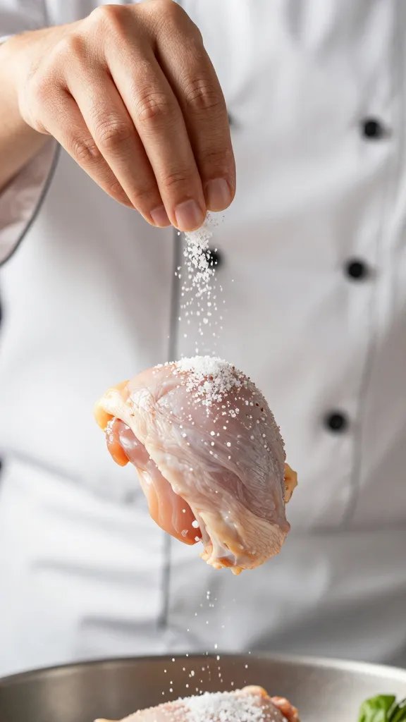 chef hand seasoning single chicken thigh with coarse salt