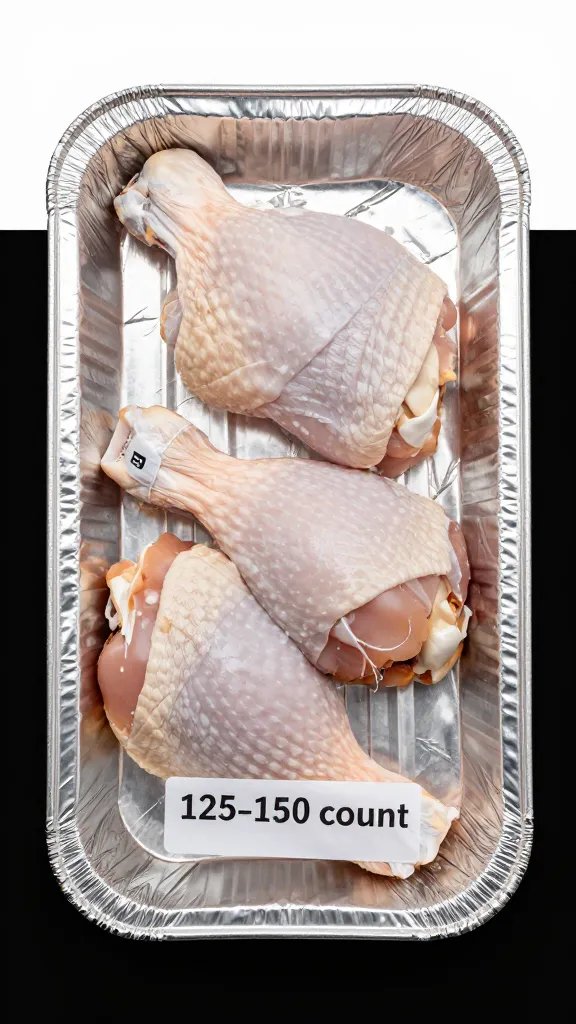 aluminum foil-wrapped chicken thigh labeled “125–150 count”