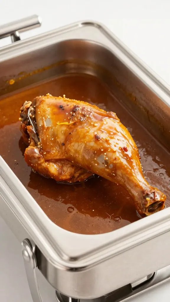 buffet chafing dish holding one sauced chicken thigh