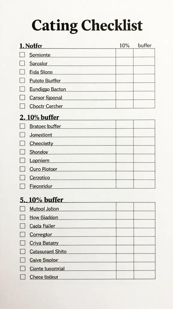 printed catering checklist with “10% buffer” highlighted