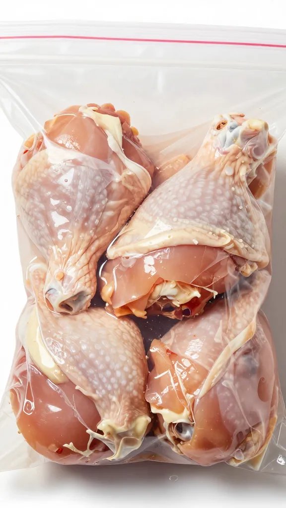 Marinated chicken thigh in zip-top bag, closeup