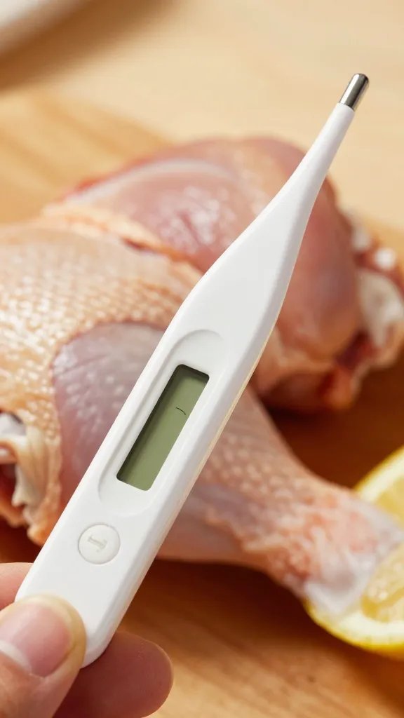 Instant-read thermometer inserted in chicken thigh
