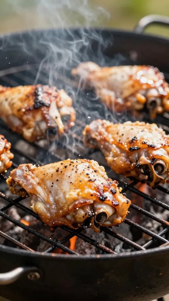Chicken thigh on charcoal grill grate, sizzling closeup