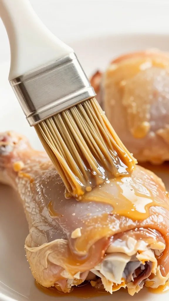 Basting brush glazing a chicken thigh, macro shot