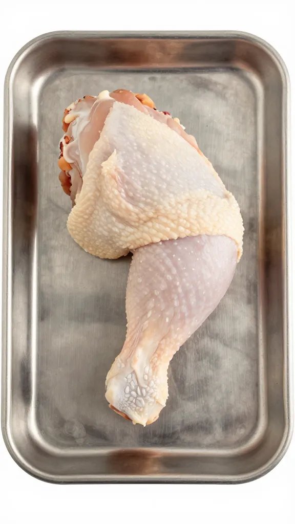 Stainless tray holding one rested chicken thigh